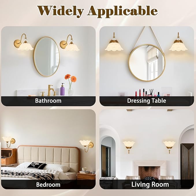 1 Piece Vintage Wall Sconce with Floral White Glass Shade, Matte Brass Finish Wall Sconce for Bathroom, Vintage Bathroom Vanity Light Fixture