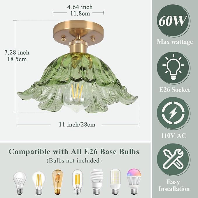 Semi Flush Mount Ceiling Light,Hallway Vintage Lights Fixture Ceiling Green 11" E26 Vintage Light Fixtures for Closet Hallway Kitchen Dining Room