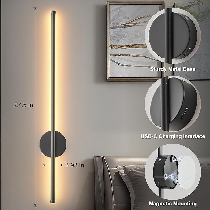 Battery Operated Modern Wall Sconces Set of Two,Rechargeable Wireless Wall Lights with Remote Control,Dimmable,3CCT,Timer,360°Rotation,Cordless Lighting for Bedroom,Living Room,Hallway,Black,27.6 Inch