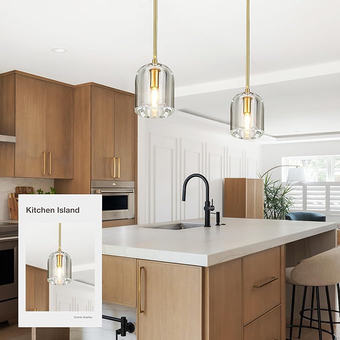 Brass Pendant Light Fixtures,5.1" Modern K9 Crystal Gold Pendant Lights for Kitchen Island Dining Room Living Room Bedroom Bathroom,E12 Bulb Included
