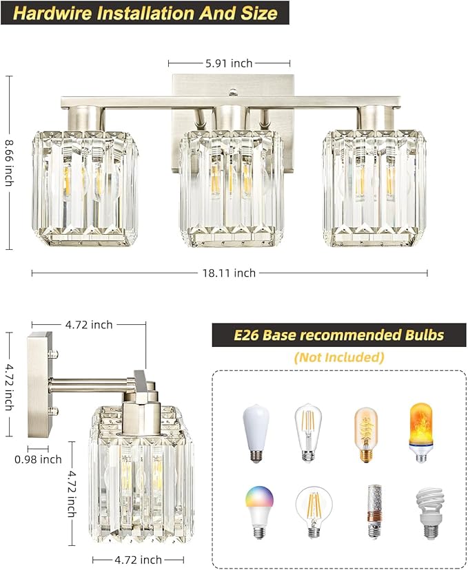 OKELI 3-Light Bathroom Light Fixtures, Modern Brushed Nickel Crystal Wall Light for Bathroom,Lighting Fixtures Over Mirror