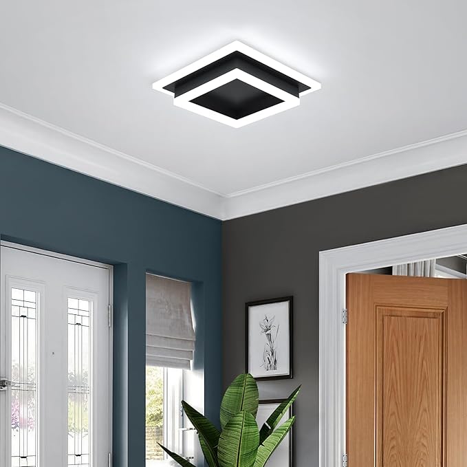Modern LED Ceiling Light, Hallway Flush Mount Ceiling Light, 32W, 6000K, Black Square Hallway Lighting Fixtures for Living Room Kitchen Bedroom (Black)