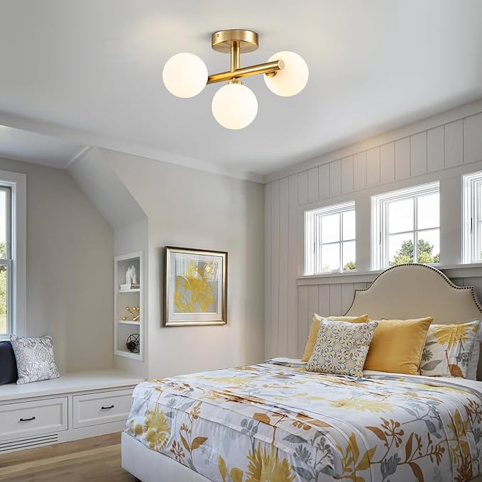 EDISLIVE 3-Light Semi Flush Mount Ceiling Light Frosted Globe, 13in Modern Brass Sputnik Light Fixture Chandeliers with Milk Glass Shade Gold Finished