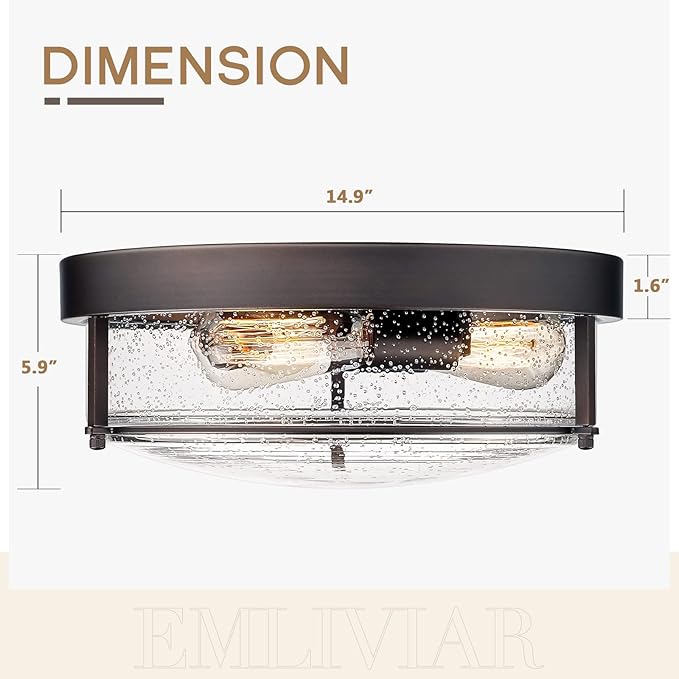 Emliviar 15 Inch Farmhouse Flush Mount Ceiling Light Fixture, Outdoor 3-Light Ceiling Lamp for Porch Kitchen Living Room, Seeded Glass Oil Rubbed Bronze Finish, GE263MF ORB