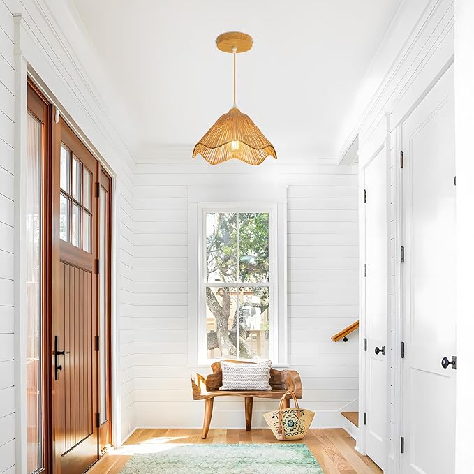 12.4" Wave Rattan Chandelier Pendant Lights Kitchen Island,Farmhouse Boho Chandeliers Adjustable Height Hanging lamp for Dining Room,Kitchen Ceiling Light Fixtures Hand Woven Wicker Lampshade