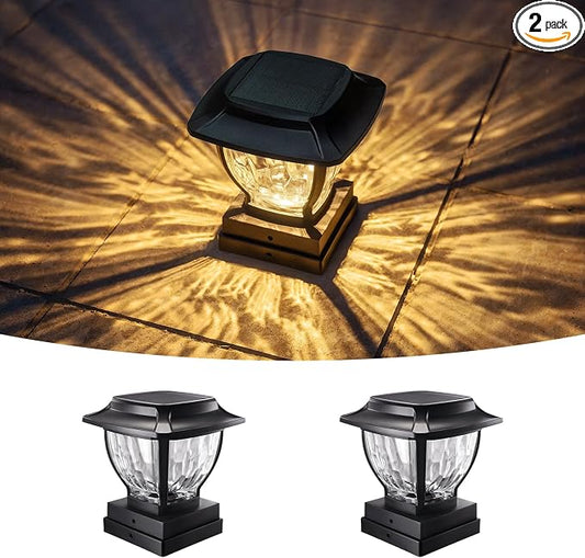 Solar Post Cap Lights Outdoor, Glass Deck Fence Post Cap Light Solar Powered for 4x4 Vinyl/Wooden Posts, Solar Lamp Post Light with 2 Lighting Modes for Patio Garden, Bright Warm White (2 Pack)