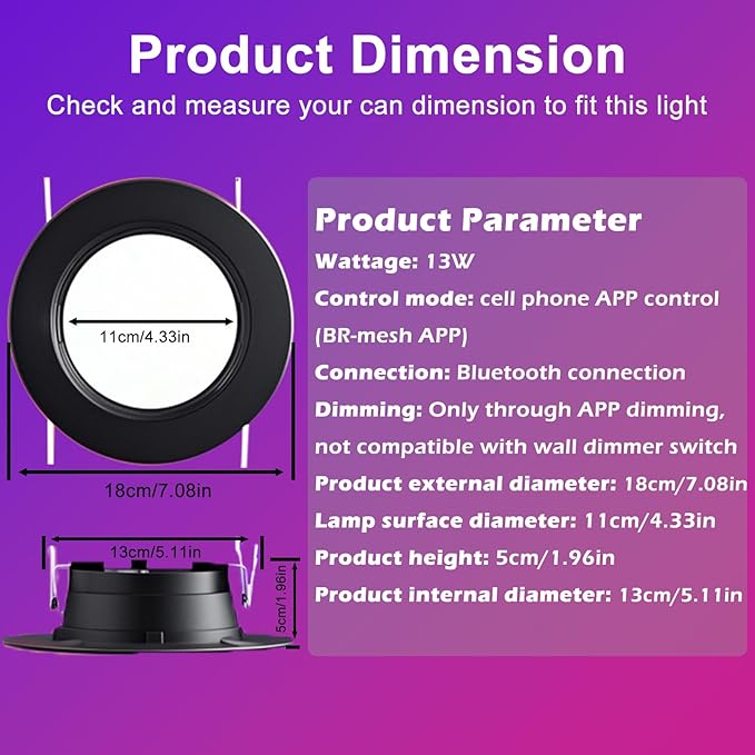 Black 5/6inch Color Changing LED Can Lights,12Pack Retrofit LED Recessed Lighting,13W 1050LM Smart Recessed can Light,Compatible with Alexa,Bluetooth APP Control,for Bedroom Kitchen Livingroom