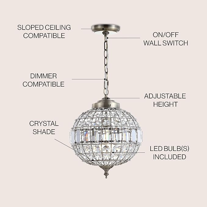 JONATHAN Y 12" Antique Brass Modern Crystal LED Pendant Light for Kitchen, Clear Crystal Shade, Glam Globe Chandelier Hanging Ceiling Lamp for Dining Room Entryway JYL6110A