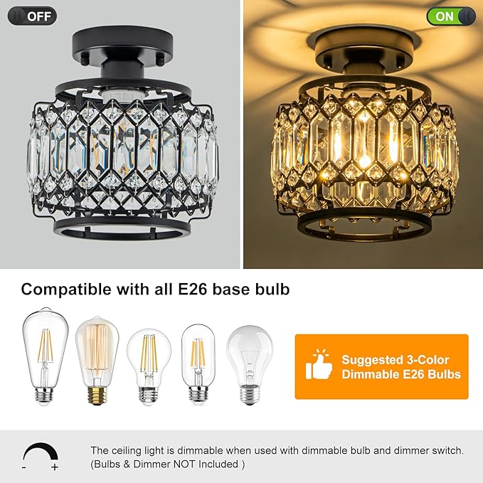 9" Modern Black Crystal Flush Mount Light - 50% Brighter LED, Dimmable Chandelier - Reinforced Iron Frame & K9 Crystals - Easy Install for Bedroom, Kitchen, Hallway