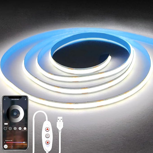 3.3FT COB LED Strip Lights，5V USB Powered LED Tape Lights 8mm Width with App Control，6000K Dimmable Cold White Flexible Light Strip TV Backlight for Bedroom Shelf Under Cabinet Kitchen DIY