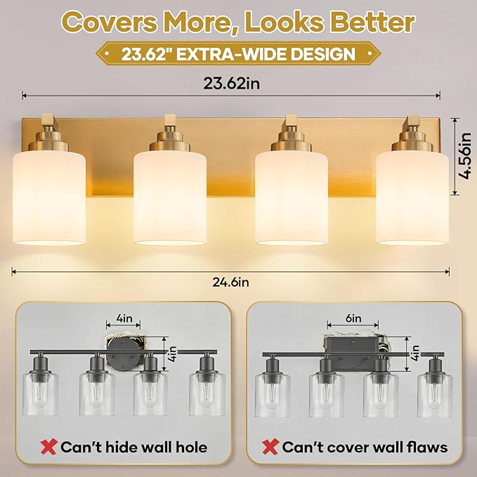 Bathroom Vanity Light Fixture, 4-Light Brushed Gold Bathroom Light Fixtures Over Mirror with Milky White Glass Shades, Modern Vanity Lights for Bathroom Living Room Hallway (Bulbs Not Included)