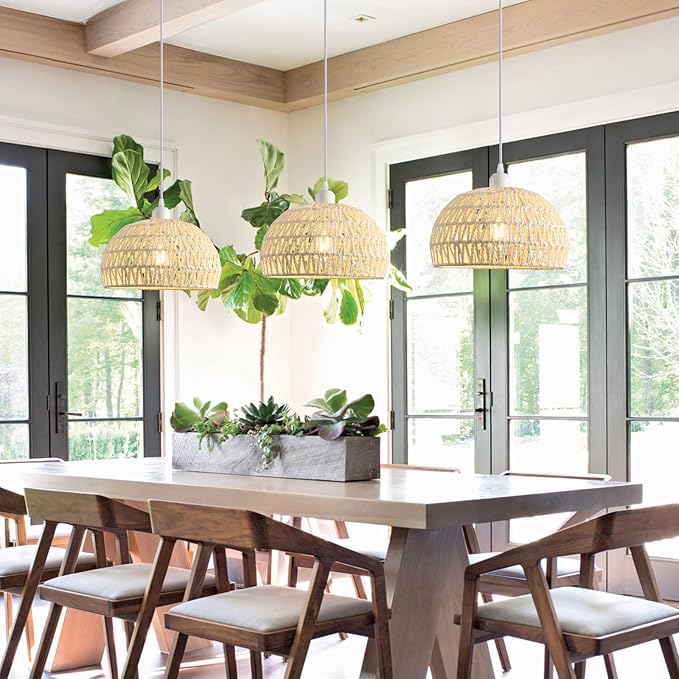Rattan Pendant Light, Boho Dome Dining Room Chandelier, White Woven Kitchen Pendant Lighting over Island, Coastal Wicker Light Pendant Hanging Light Fixture for Nursery Entryway Bedroom, E26 Base