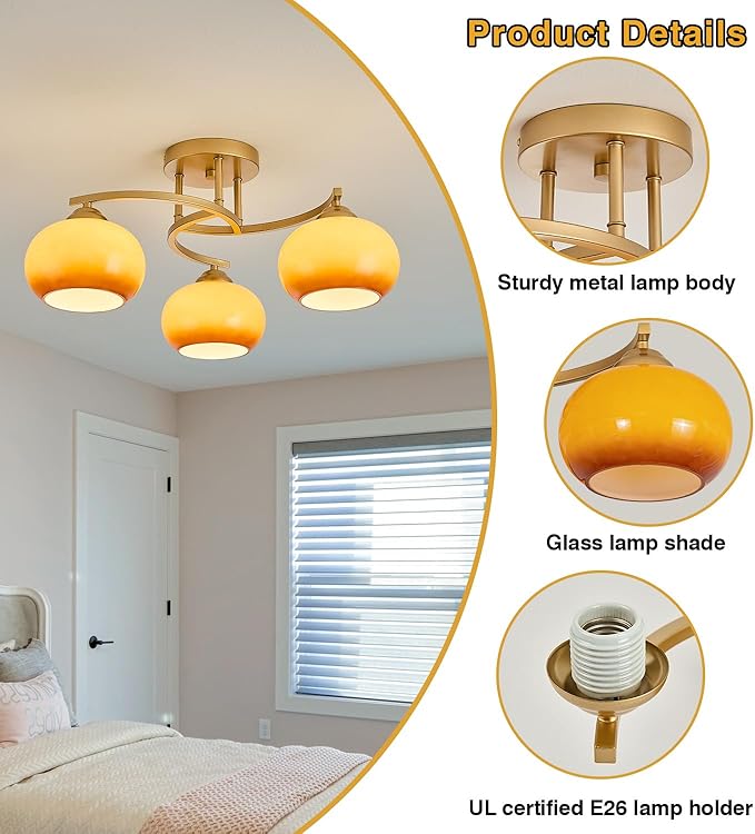 Semi Flush Mount Ceiling Light Fixture Modern Gold Globe Sputnik Chandeliers 3 Light Mid Century Orange Vintage Glass Chandelier for Dining Room Kitchen Bedroom Living Room Foyer Hallway