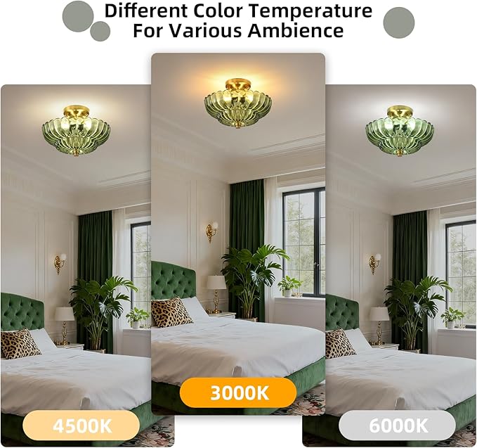 Semi Flush Mount Ceiling Light, 11.8 Inch Gold Vintage Hallway Light Fixture with Green Glass, Close to Ceiling Light for Bedroom Kitchen Living Room Bathroom Foyer, E26 Base