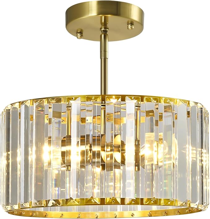 Gold Crystal Ceiling Light, Modern Semi Flush Mount Ceiling Lighting Fixture, Round Hallway Lighting Fixtures Chandelier Pendent Light for Foyer Kitchen Entryway Bedroom Dining Room, 3-Light,11.8Inch