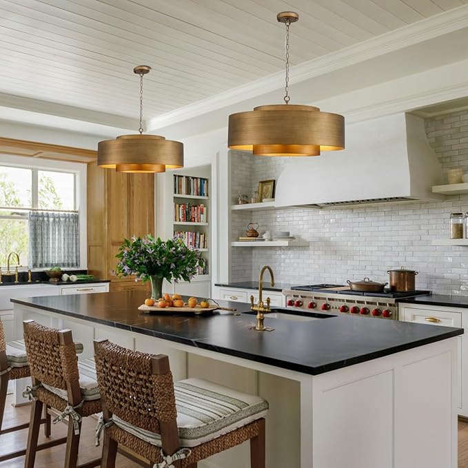 D30 Modern Geometric Metal Drum Pendant, Brushed Brass Industrial Farmhouse Chandelier Rustic Drum Pendant Light for Kitchen Island Dining Room Living Room