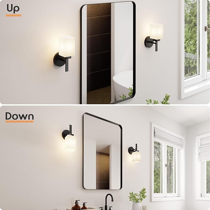 Wall Lights Matte Black Bathroom Vanity Light Fixtures Over Mirror with White Frosted Glass Shade, Wall Lamps for Porch Entrance, 2 Pack T002MB-L1-P2