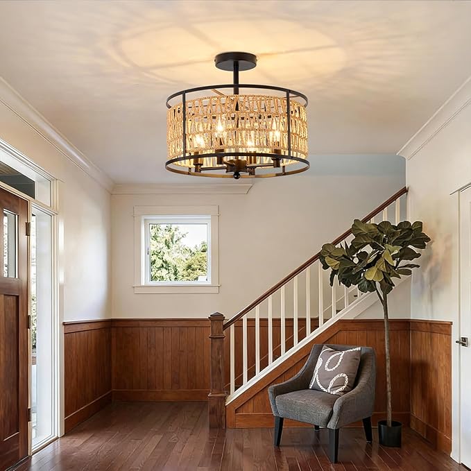 4 Light Rattan Ceiling Light Fixture 15inch Boho Semi Flush Mount Ceiling Light Black Hand-Woven Cage Wicker Chandelier for Dinning Room Living Room Bedroom Farmhouse Hallway Kitchen