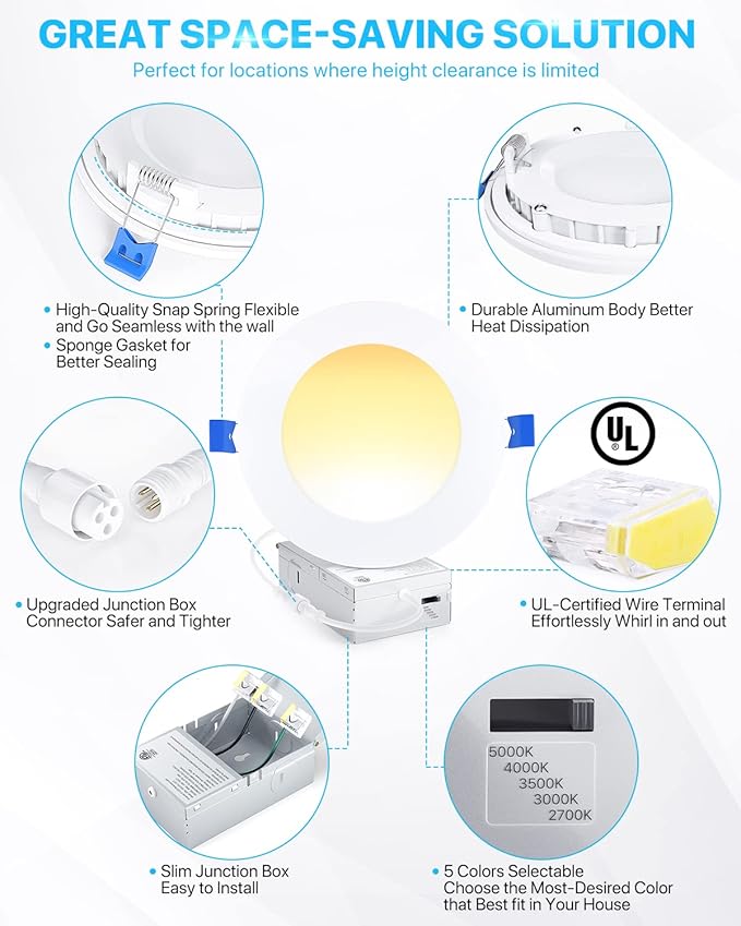 Ensenior 6 Pack 6 Inch LED Recessed Light, Dimmable, 2700K-5000K 5CCT, 1050LM High Brightness, 12W 120V, Damp Rated, Ultra-Thin Canless Wafer Ceiling Light - ETL & FCC & IC
