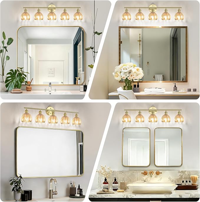Vintage Bathroom Light Fixtures,5-Light Hardwired Vanity Lights with Amber Tulip Glass Shade,Gold Bathroom Vanity Light for Mirror Restroom,E26 Socket,33.46 in(Bulbs Not Included)