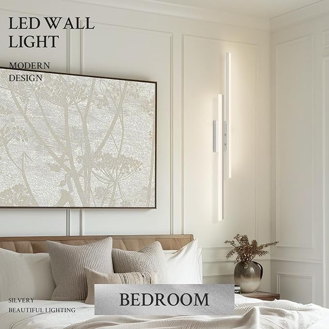 LED Wall Sconce Silver Modern Remote Wall Light Fixtures for Living Room, Dimmable LED Vanity Light Indoor Remote Wall Sconce for Bedside Bedroom Bathroom Dining Room, 39.4inch 1 Pack
