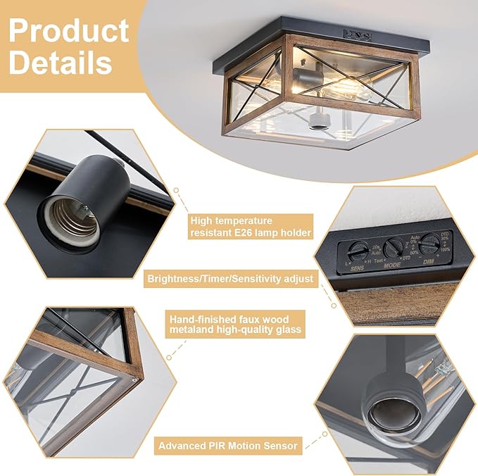 Motion Sensor Outdoor Flush Mount Ceiling Light, Industrial Glass Rustic Wood-Like Finish 2-Light Ceiling Lamp for Porch, Entryway, Garage, Timer and Sensitivity Adjustable (Wood-Like-Square)