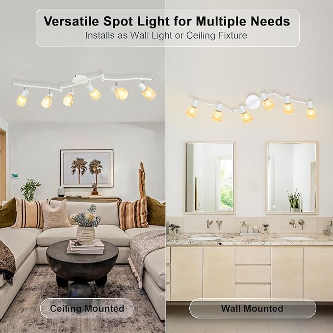 HiBay 6-Light Track Lighting, Flexible Modern Ceiling Light Fixture White w/Glass Shades, Flush Mount Ceiling Wall Track Spot Lights Indoor for Kitchen, Living Room, Bedroom, E12 Base, No Bulbs