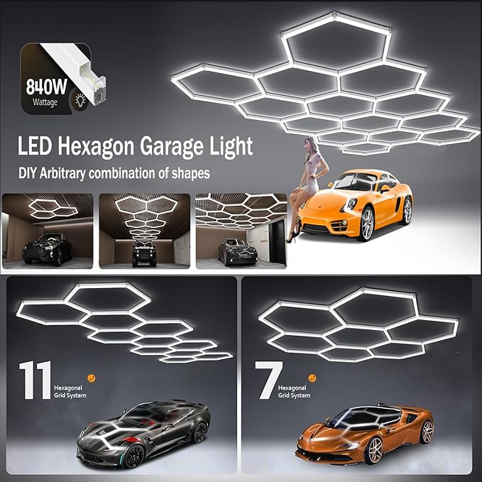 14-Hexagon LED Garage Light, 600W 60,800LM Honeycomb Ceiling Light with T5 Tube Rectangle, 6500K Ultra Bright Hexagon Light for Garage, Auto Detailing, Workshop (57PCS Panels)