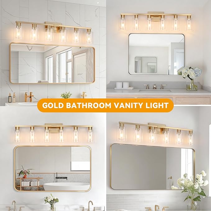 6 Light Bathroom Vanity Light Brushed Gold , Gold Bathroom Light Fixtures for Bathrrom Large Wall Sconce with Clear Glass Shade Rust and Moisture Prevention Easy to Install Vanity Lights over Mirror