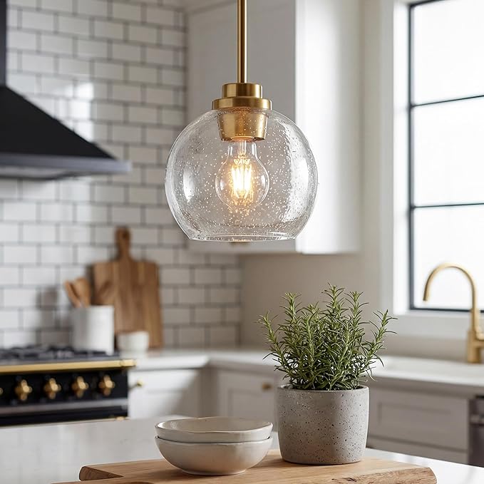 Pendant Lights Kitchen Island, 7" Modern Brushed Gold Hanging Lights Fixtures with Clear Seeded Glass Globe Shade, Kitchen Island Lighting for Bathroom, AD-22280-1P-GD-S