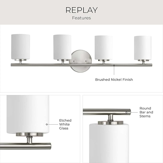 Progress Lighting 4-Light Etched White Glass Modern Bath Vanity Light, Replay Collection, Brushed Nickel (P2160-09)