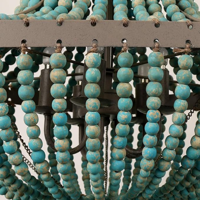 Newrays Wood Bead Chandelier Pendant Gray Blue Finishing Bohemian Boho Beachy Ceiling Lamp Light Fixtures (18.89 in*24.40 in)