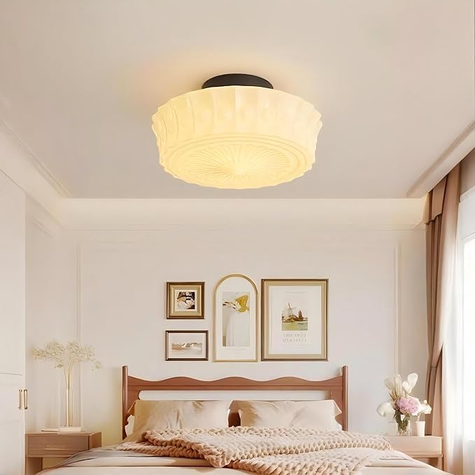 LIGHTLAND Milk Glass Ceiling Light, 13.8 Inch Mid Century Semi Flush Mount Ceiling Light Fixture, Vintage Chandelier for Bedroom, Living Room, Dining Room, Hallway (Style B, Cream)