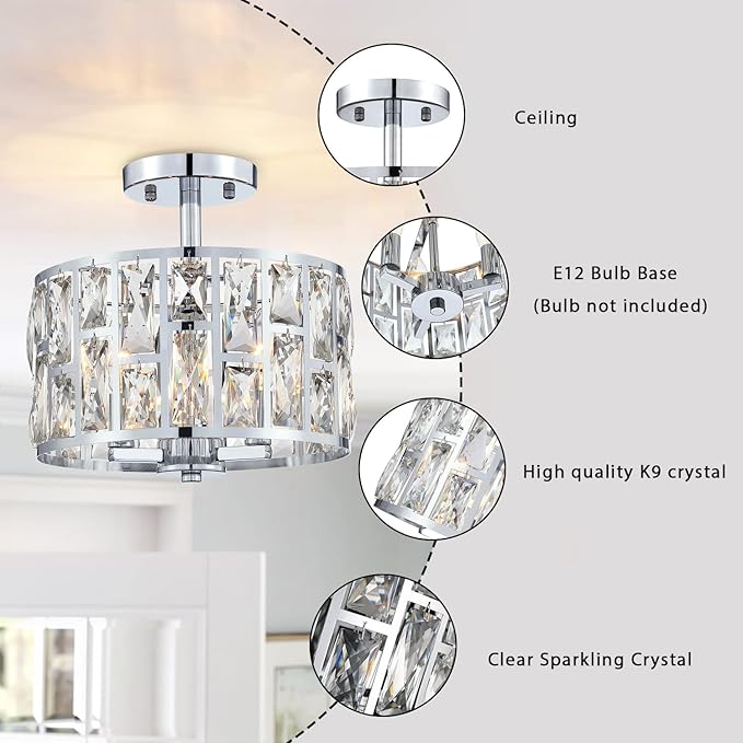 MEXO Farmhouse Crystal Round Semi Flush Mount Modern Close to Ceiling Light Fixture, Cylinder Drum Shade Ceiling Lights 3LT Ceiling Lamp for Kitchen Island Dinning Room Bedroom