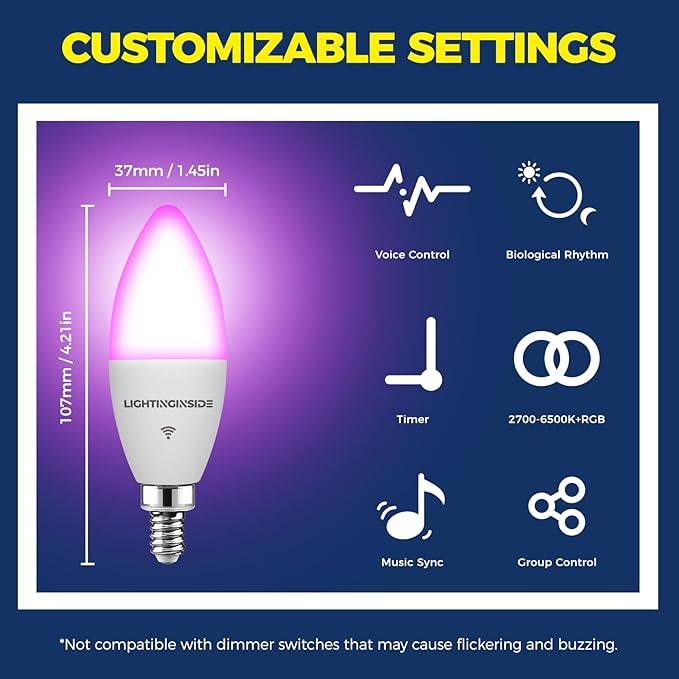 Lightinginside E12 Smart Light Bulbs 60W Equiv., Work with Alexa/Google Home/SmartLife, 500LM 6W RGBCW Candle Candelabra LED Light Bulbs, No Hub Required, 2.4G WiFi Bluetooth Bulb, ETL Listed, 6PCS