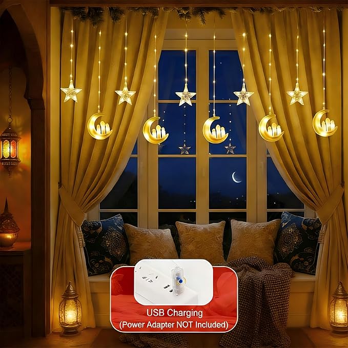 Ramadan Curtain Lights,135 LED Star & Castle String Lights,USB Powered Dimmable Twinkle Curtain Fairy Lights,8 Lighting Modes Warm White Window Light,Ramadan Decorations for Home Indoor Decor
