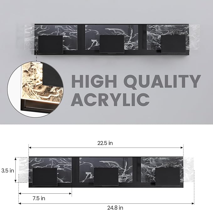 LED Bathroom Vanity Light: 24in Matte Black Acrylic Modern Lighting Fixtures - 3-Light Contemporary Smoke Design Wall Lights Fixture Over Mirror 3000K