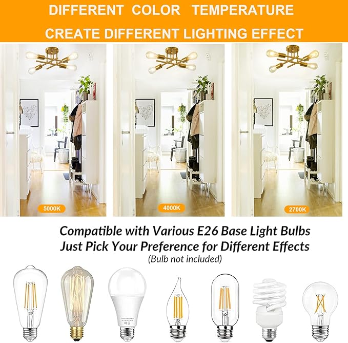 Modern Semi Flush Mount Ceiling Light Fixture, 4-Lights Farmhouse Light Fixtures Ceiling Mount Golden, Indoor Close to Ceiling Lights for Living Room Bedroom Kitchen Hallway, Bulb Not Included