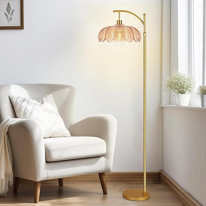 QIYIZM Floor Lamp for Living Room,Bedroom,Gold Dimmable Standing Lamp with Remote,Mid Century Modern Brass Tall Lamp Retro Vintage Green Glass Lamp Floor Light Boho Bohemian