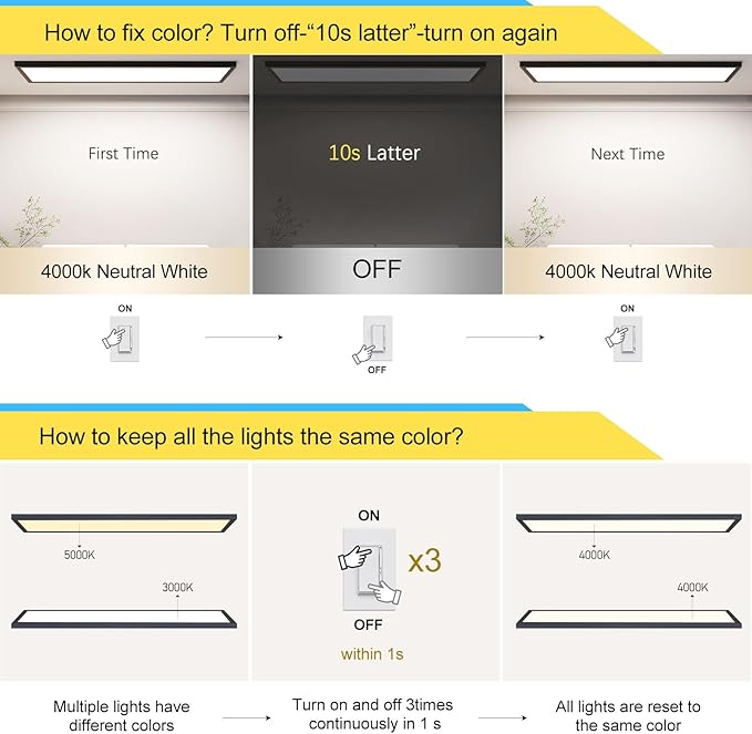 AIKVSXER 6PACK 1x4 LED Flat Panel Light Surface Mount LED Ceiling Light, 5500LM 50W TRIAC 10-100% Dimmable, 3000/4000/5000k AC120V Kitchen Lights Ceiling Flush Mount for Garage/Basement Black