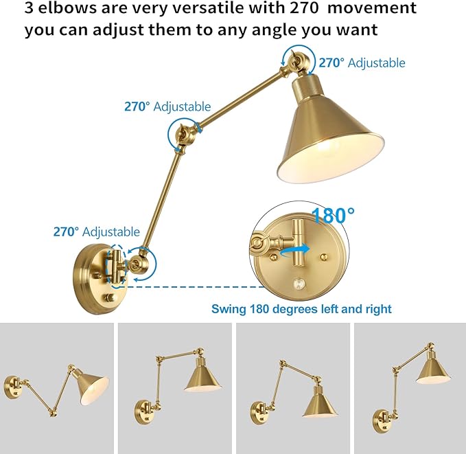 TRLIFE Wall Sconce with Remote Control, Brushed Brass Plug in Wall Sconces Dimmable and Adjustable Color Temperature 2700K-6000K, Swing Arm Wall Lights with Plug in Cord, UL Listed(2 Pack, 2 Bulbs)