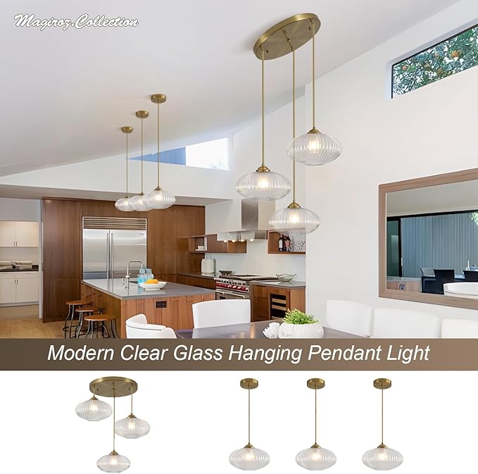 3 Light Pendant Lighting Clear Glass Cluster Pendant Lights Kitchen Island Modern Retro Adjustable Brushed Gold Hanging Light Fixtures Brass Cluster Chandelier for Bedroom Living Room MPL30-3D