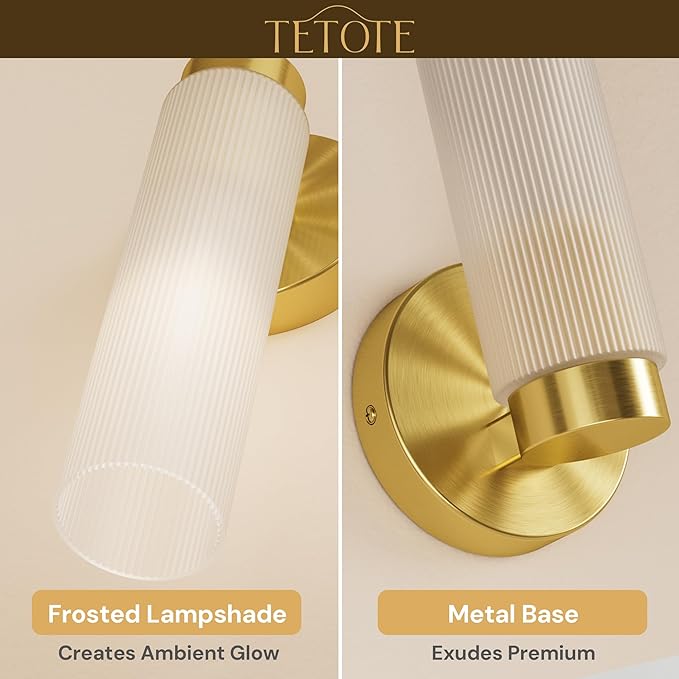 TETOTE Brushed Gold Wall Sconce Modern Bathroom Wall Light Fixtures Farmhouse Wall Lights with Frosted Glass Shade for Mirror Bedroom Living Room