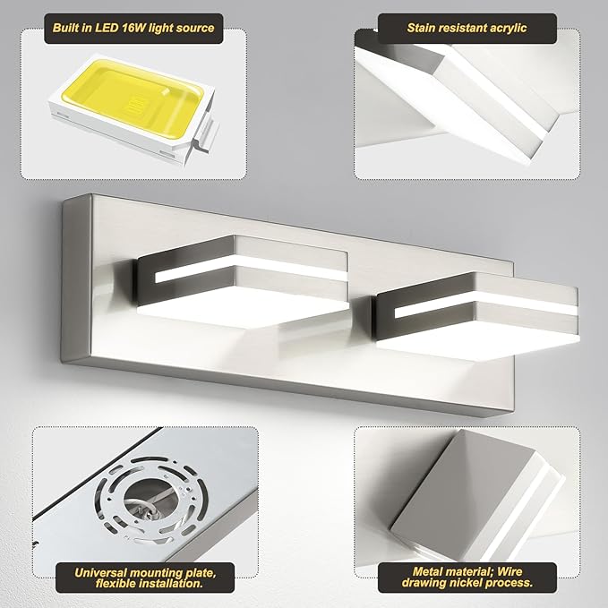 OKELI 2 Light Bathroom Vanity Light Brushed Nickel Modern 16W LED Dimmable Vanity Light Over Mirror 350° Adjustable Lamp Head Cold White 6000K ETL Listed 15.5Inch