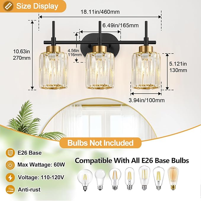 Modern Crystal Bathroom Vanity Light, 3-Light Black & Gold Vanity Lighting Fixture with Clear K9 Crystal Shades, Adjustable Up/Down Installation, E26 Base (Bulbs Not Included)