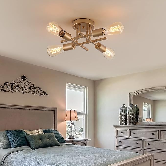 AIHYING 4-Light Semi Flush Mount Ceiling Light, Gold Mid-Century Industrial Farmhouse Chandelier Light Fixtures for Hallway Entryway Bedroom Kitchen Dining Room Porch Laundry Room UL Listed