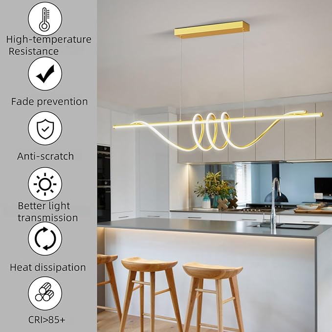 Modern LED Pendant Lights, Ceiling Chandelier Dimmable with Remote Control 3000k-6000K Adjustable Color Temperature, Aluminum Island Lighting Lamp Fixture for Kitchen, Dining Room(57in Gold)