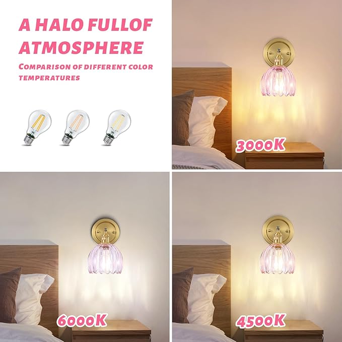Wall Light Fixture with Tulip Pink Glass Lampshade, Indoor Wall Light for Bedroom Bathroom, Bedside Wall Lamp