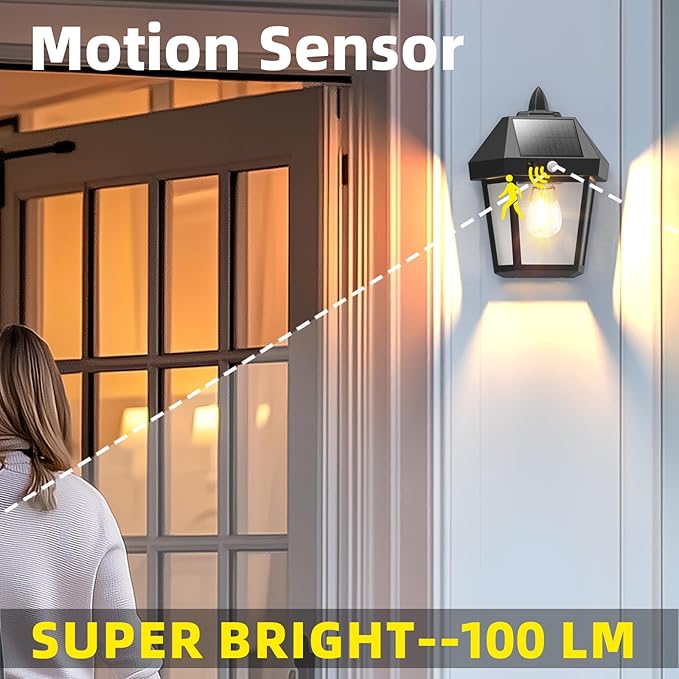 DERAYSION 4 Pack Solar Wall Lanterns,9 Inch Solar Porch Light with Motion Sensor, 3 Mode Adjustable Brightness Waterproof Outdoor Wall Lights for Porch Door Patio Fence Garage