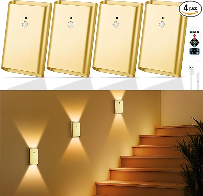 4 Pack Battery Operated Wall Lights - 5000mAh Rechargeable Motion Sensor Wall Sconce with Remote, 3 Colors Wireless Wall Lamp Magnetic Motion Sensor Night Light Indoor for Hallway Stairway, Gold